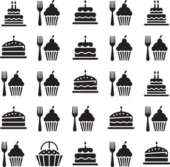Cake Silhouette Vector Bundle | Celebration Food Icons | Cupcake, Slice Vector