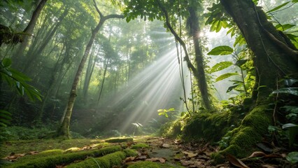 Magical sun rays piercing through the trees into a deep tropical rainforest on a mossy path.