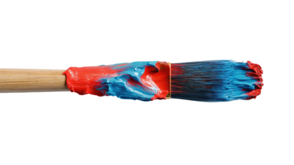 Brush with red & blue paint swirls, bristle texture, on black backdrop