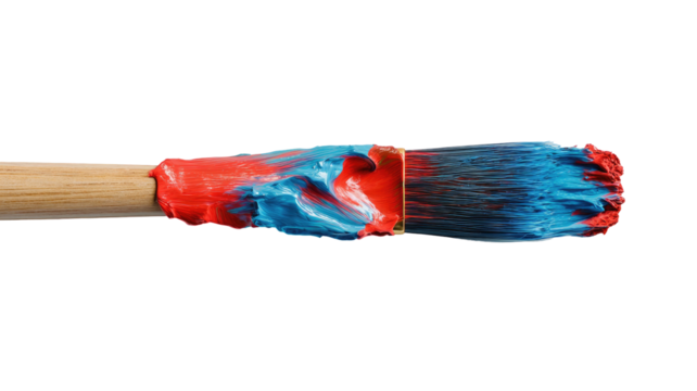 Brush with red & blue paint swirls, bristle texture, on black backdrop