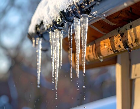 Close-up of icicles hanging from a roof edge, melting in the sunlight