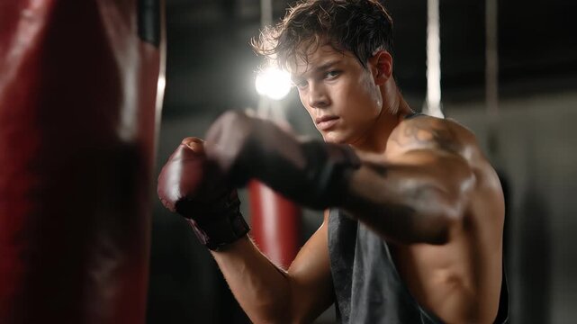 Confident young fighter practice punches on heavy bag in gym during afternoon workout session