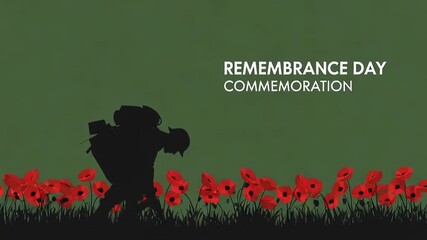 Solemn Remembrance Day tribute with a soldier's silhouette standing guard amidst a field of vibrant red poppies, honoring sacrifice and remembrance in a deeply moving animated scene