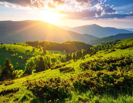 Golden sunset over rolling green hills and distant blue mountains