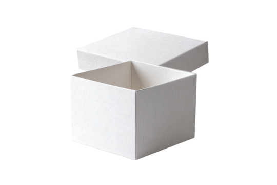 Simple, white square box slightly opened, lid angled