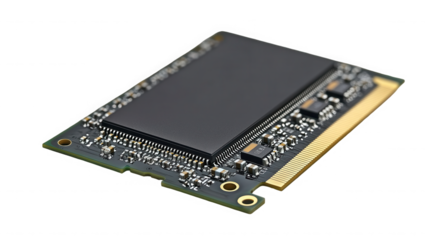 Close up of a solid state drive showcasing its intricate electronic components on transparent background