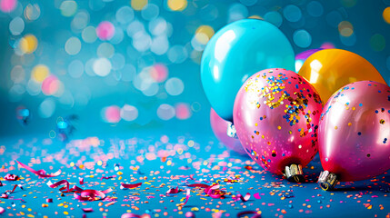 Colorful balloons and confetti on a blue background, perfect for celebration, party, and festive event themes.