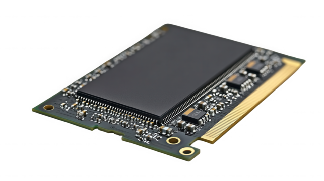 Close up of a solid state drive showcasing its intricate electronic components on transparent background