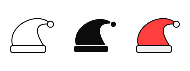 Santa Claus hat icon illustrated in stroke, fill, and color styles, isolated on a white background. Perfect for Christmas themes, holiday cards, festive decorations, and winter celebration visuals.