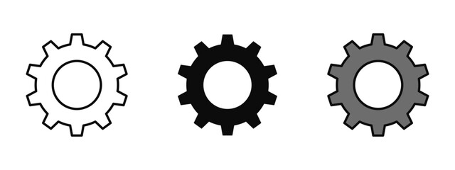 Settings gear icon illustrated in stroke, fill, and color variations, isolated on a white background. Ideal for app interfaces, software dashboards, system tools, and technology visuals.