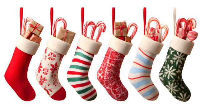 Christmas Stockings with Gifts, isolated on transparent background