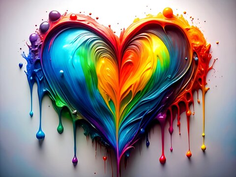 Vibrant rainbow heart shape dripping with colorful paint symbolizing love and diversity