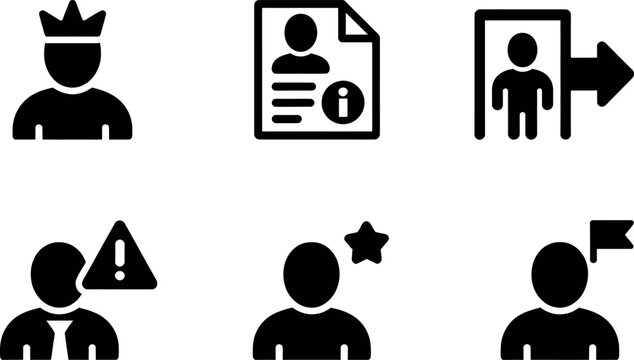 Set of six black and white user interface icons representing profile status and actions vector