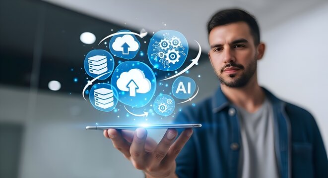 A man holding a smart device projecting floating 3D icons of cloud storage and AI gears - Powered by Adobe