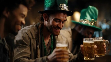 Celebrating friendship and joy, young men wearing leprechaun hats enjoy beers together in a lively bar during a festive gathering