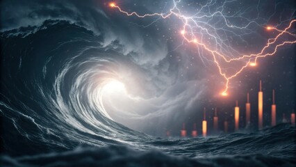 A dramatic ocean wave crashes under stormy skies, illuminated by lightning, with abstract elements suggesting energy or financial data.