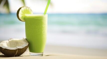 Fototapeta premium Refreshing Green Beverage with Lime and Coconut on Tropical Beach