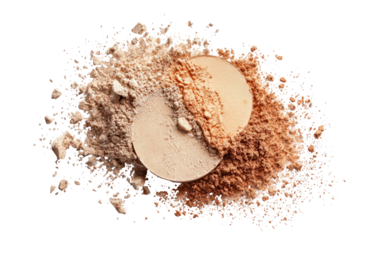 Powder makeup with fair and tan shades spilled on a black backdrop