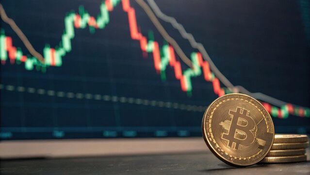 A close-up of Bitcoin coins in front of a fluctuating cryptocurrency market chart, highlighting the volatility of digital currencies.