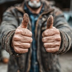 Close-up of dirty hands giving a thumbs-up, showing hard work