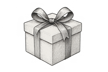Gift box illustration with bow and ribbon, drawing sketch style, celebrating presents and surprises, transparent background