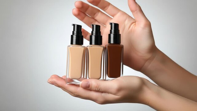 Hands hold three foundation bottles in various shades against neutral backdrop
