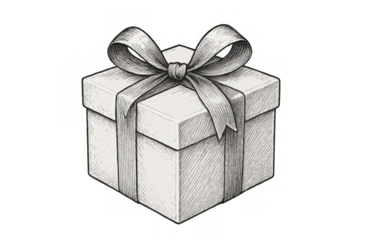 Gift box illustration with bow and ribbon, drawing sketch style, celebrating presents and surprises, transparent background