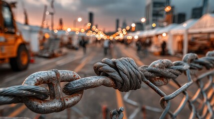 Rusty chain focus, blurred walkway, twilight cityscape backdrop