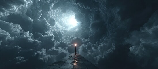 Dark clouds obscure a path, with a single lamppost, leading to a sliver of light