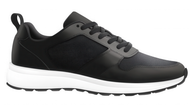 Stylish black sneaker with white sole for athletic or casual everyday wear on transparent background