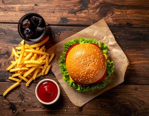 op view of a juicy cheeseburger with golden fries, ketchup, and soda on a wooden table