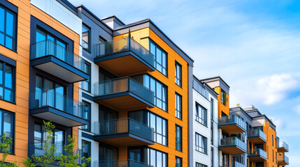 Stylish city apartment building with clear windows and lush balcony plants stands out in warm sunlight