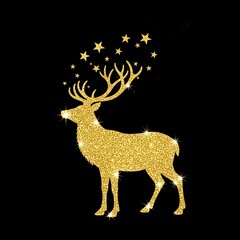 Golden Glitter Reindeer Silhouette with Sparkling Stars on Black Background