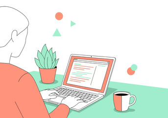 Person Coding on Laptop with Coffee and Plant Illustration.