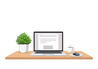 Workstation with Laptop Plant and Coffee Cup on Wooden Desk.