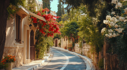 Quiet stone street curves past blooming flowers and leafy trees, wooden chairs and soft afternoon light fill the peaceful scene.