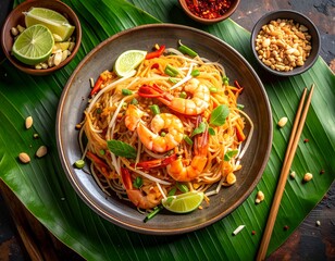 Top view of Pad Thai noodles with shrimp, peanuts, lime, and bean sprouts, served on a banana leaf, authentic Thai street food style