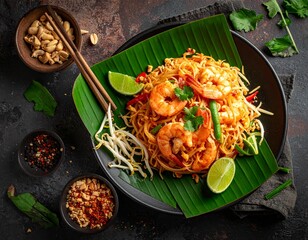 Top view of Pad Thai noodles with shrimp, peanuts, lime, and bean sprouts