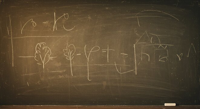 Whimsical chalk drawings of trees, a house, and equations on a vintage blackboard evoke nostalgia and childlike wonder in a classroom setting