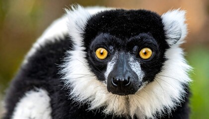 Close-up shot of a black and white lemur with focused golden eyes