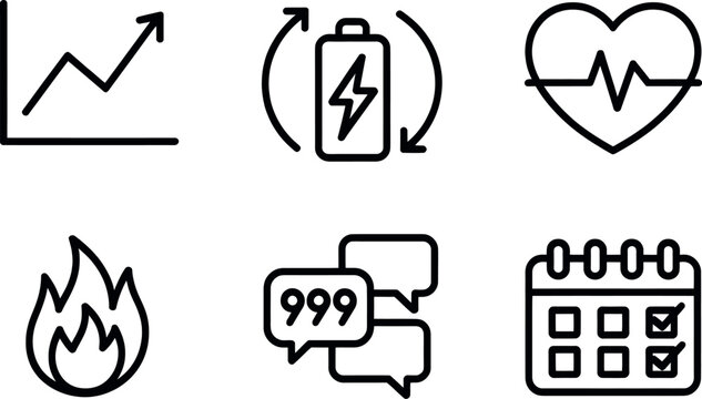 Set of six minimalist line art icons representing growth battery health fire messages and calendar vector