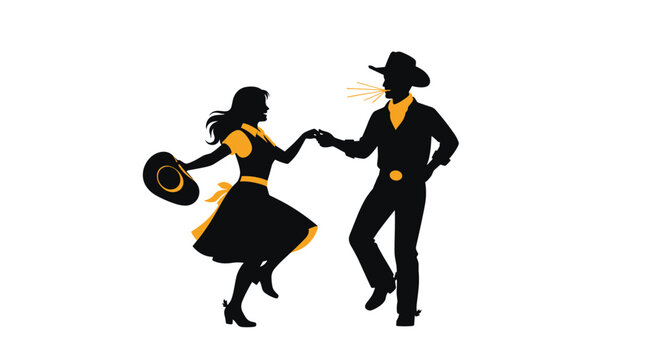 A lively silhouette of a cowboy and cowgirl happily country dancing together, expressing joy and traditional western culture.