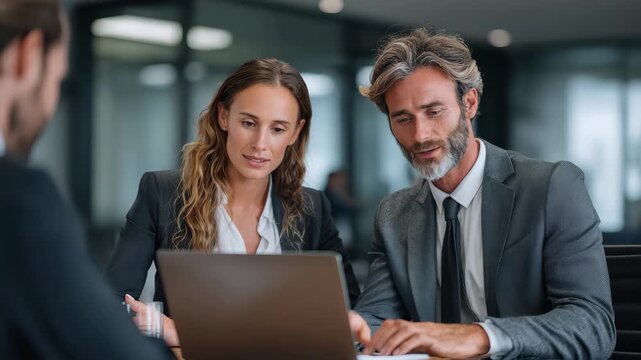 Business professionals engage in a laptop meeting, discussing coaching strategies and planning for future projects within a modern office environment