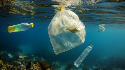 Plastic bag and bottles float underwater, highlighting marine pollution, plastic waste, and the impact on ocean life and environment.