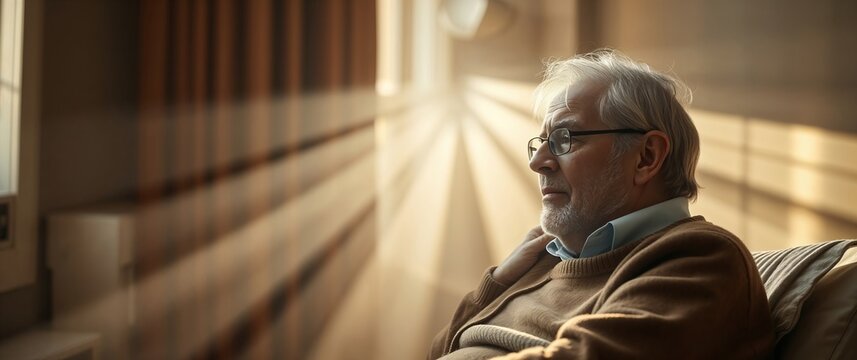 Senior man contemplating life decisions by window - Powered by Adobe