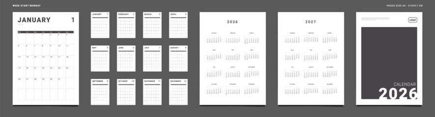 2026 Calendar Planner Set of Template Monthly Pages, Cover with Place for Photo, Company Logo, Annual 2026, 2027. Vector layout grid vertical of wall or desk organizer Week start Monday. Page A4 print © Olesia Maf