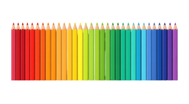 Colorful pencils in row isolated on white or transparent background