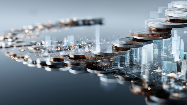 Stack of coins forms spiral, blending with cityscape, symbolizing financial growth and investment opportunities. image conveys futuristic and dynamic economic concept