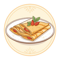 Cartoon flat style drawing fresh delicious crispy crepes restaurant logo emblem. Sweet snack shop logotype template concept for cafe, shop or food delivery service. Graphic design vector illustration