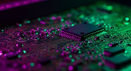 Vibrant futuristic circuit board glows with electric green and magenta, ideal for cutting-edge tech and innovative solutions, data processing concepts